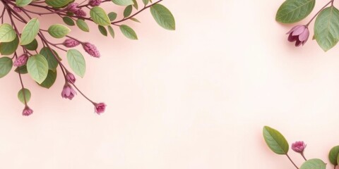 Delicate Pink Flowers Green Leaves on Peach Background