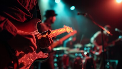Obraz premium Guitarist Plays Energetic Rock Music at Concert, Stage Lights Illuminate Performance Brilliantly