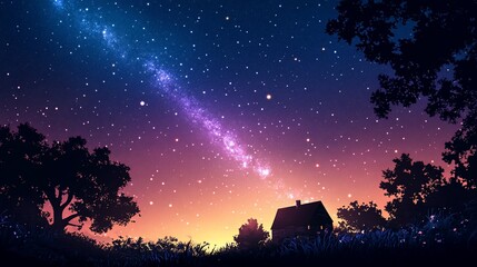 Serene night scene with a house silhouetted against a vibrant, starlit sky.
