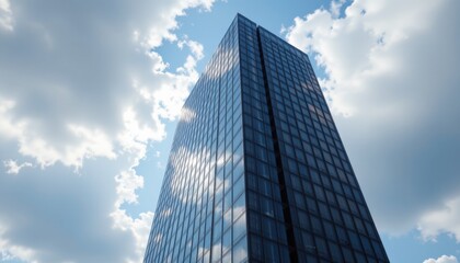 Obraz premium Skyward view of a modern skyscraper reflecting clouds urban environment architectural photography