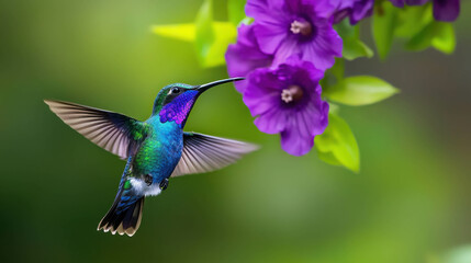 Vibrant Hummingbird in Flight Near Colorful Purple Flowers in Lush Green Garden Setting