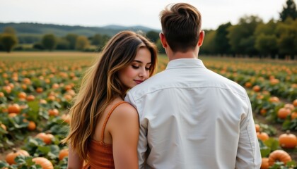 Fototapeta premium Couple embracing in pumpkin patch autumn landscape outdoor photography romantic vibes