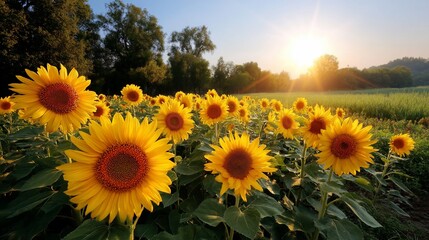 Obraz premium Sunflowers in a field at sunrise
