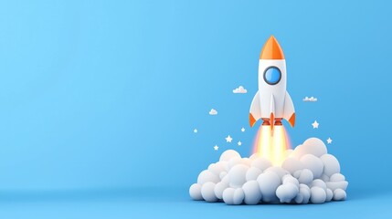 Fototapeta premium Colorful rocket launching into a bright blue sky