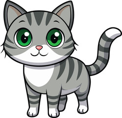 Obraz premium Cute Cartoon Gray Tabby Kitten with Green Eyes – Full Body Illustration