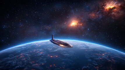 Fototapeta premium Futuristic spaceship orbiting a vibrant planet in deep space