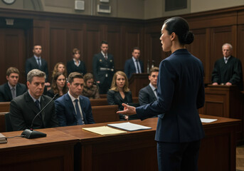 Female lawyer standing and addressing courtroom audience during emotional legal proceedings, symbolizing justice, confidence, responsibility, and the psychological pain behind serious court cases