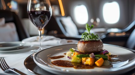 Luxurious Fine Dining Experience on a First-Class Airplane with Gourmet Meal Featuring Fresh Ingredients and Elegant Presentation in an Upscale Setting
