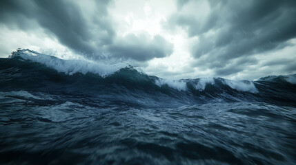 Fototapeta premium Dramatic Ocean Waves Under Cloudy Sky Captured in Moment of Turbulent Nature