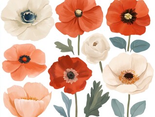 A colorful array of poppies and leaves on white canvas artistic style