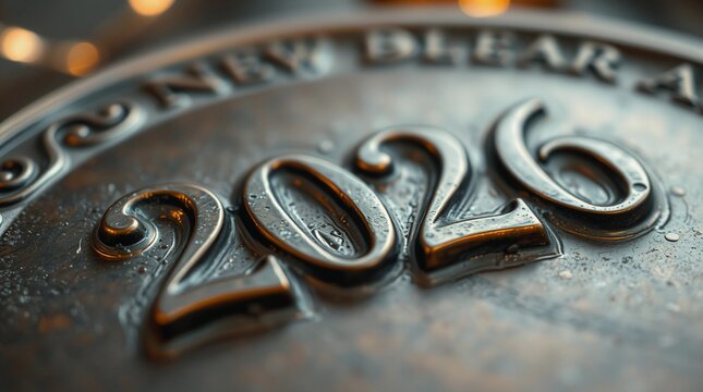 Close-up shot of a cast bronze surface. Elegant 2026 New Year celebration, detailed focus, mystic enchanting environment, gentle color contrasts, and a dreamlike, otherworldly ethereal quality, antiqu