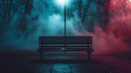 A solitary park bench shrouded in colorful fog under a streetlight at night.