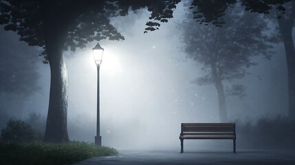 Foggy park at night with lamp post and bench