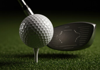 Golf ball and driver on green field, ready for a powerful swing.