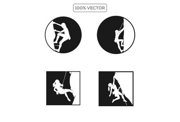 Set of mountain climbing labels, emblems and design elements. Rock climbers silhouettes collection