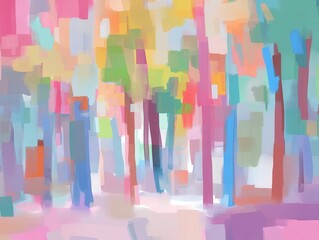 Abstract spring forest Pastel hues  brushstrokes evoke woodland ambiance