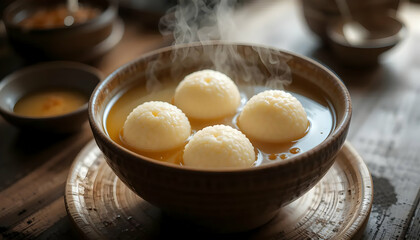 Hot Round Dumplings Floating in Broth Served in Rustic Bowl