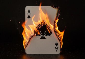 Burning ace playing card surrounded by flames, symbolizing intensity and risk.