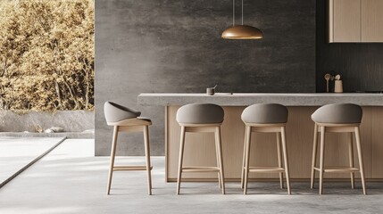 Modern gray concrete countertop with light wooden bar stools.