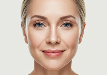 Fototapeta premium Close-up portrait of middle-aged blonde woman with natural makeup and soft smile, symbolizing beauty, confidence, skincare, aging gracefully, and emotional calm through healthy lifestyle choices
