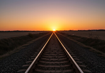 Sun setting over train tracks, casting warm golden light.