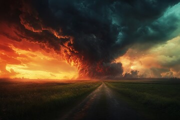 A dramatic, fiery storm clouds over a rural road.  A path through a field, engulfed by a  turbulent, ominous atmosphere of orange and dark hues