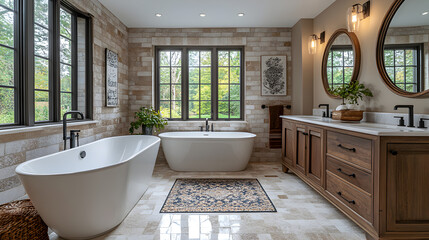 8. A luxurious bathroom with a freestanding soaking tub, double vanity, and elegant fixtures