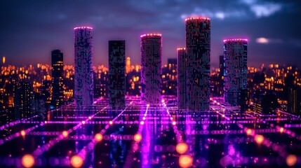 Fototapeta premium Futuristic Cityscape at Night: Neon Lights and Digital Architecture