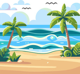 Tropical Beach with Palm Trees and Ocean Waves Illustration