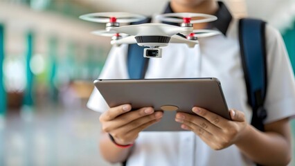 Incorporating Technology in the Classroom concept A student controls a drone using a tablet in a modern indoor setting.