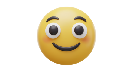 3D smiley face emoji with happy expression and raised brows isolated on white background, ideal for chat apps, social reactions, emoji libraries, and digital communication symbols