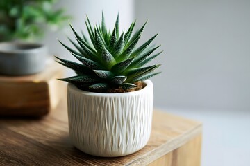 Close-Up of a Stylish Succulent Plant in a Modern Pot on a Wooden Surface