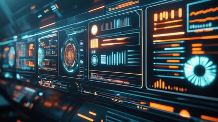 Futuristic control panel interface with glowing graphs and data. Concept of technology, data analysis, and future.