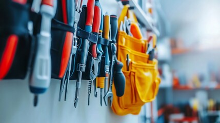 Fototapeta premium Well-organized wall mounted tool bag showcases a variety of hand instruments