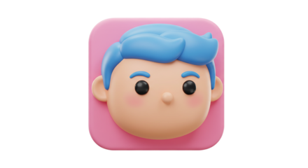 3D avatar icon with blue hair inside pink square frame isolated on white background, perfect for mobile app profiles, game avatars, messaging apps, and character UI elements