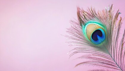 Obraz premium peacock feather on a soft pink background, emphasizing its intricate textures and vivid colors, perfect for textured design and artistic copy space