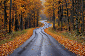 Obraz premium Road in forest; yellow leaves cover path.