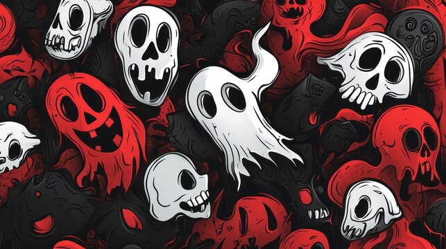 Cartoonish ghosts and skulls create a spooky and fun pattern