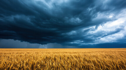Dramatic Storm Clouds Over Golden Wheat Field with Lightning in Distant Horizon Landscape