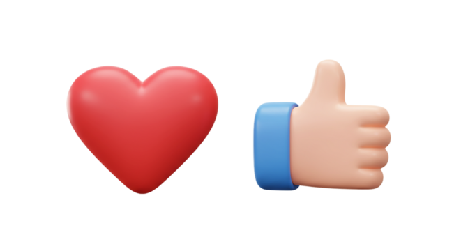 A simple render of a red heart and a thumbs up on a black background in a digital illustration