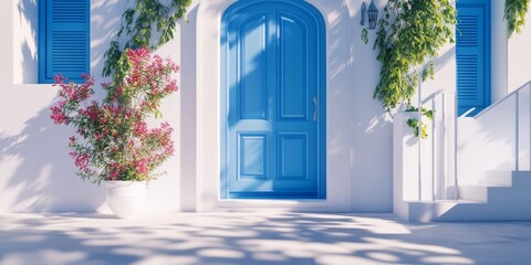 Fototapeta premium Mediterranean-style home exterior with vibrant colors and lush landscaping