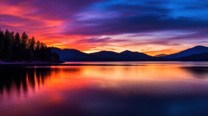 Fototapeta premium Serene sunset over a tranquil lake surrounded by mountains and forests reflecting vibrant color