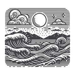 Simple Waves During Storm Vector Icon Design – Vintage Retro Logo & Illustration