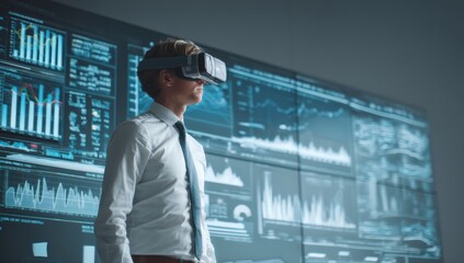 Fototapeta premium Analyst Uses VR Headset to Analyze Data Charts Efficiently and Accurately in Futuristic Office Setting