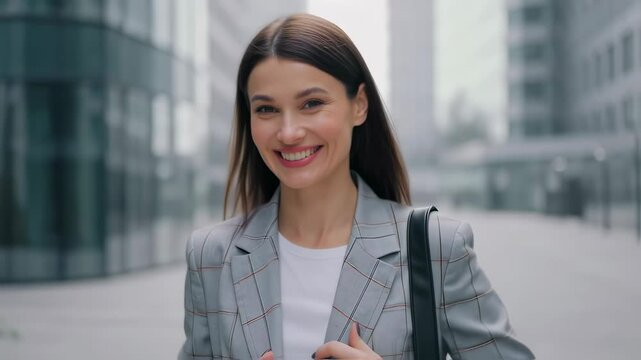 Confident Dutch woman smiles in a professional setting, wearing a gray plaid blazer and carrying a shoulder bag, exuding poise and style.