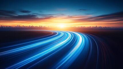 Sunset cityscape, curving road, light trails