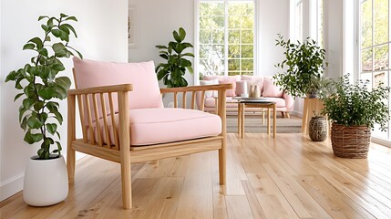 Cozy Living Room with Pastel Furniture and Natural Elements in Bright Space