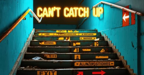 Dimly lit staircase descends. Bright neon sign reads CANT CATCH UP. Yellow warning signs cover steps. Metal railing guides descent. Exit signage visible below.