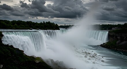Fototapeta premium Magnificent view of Niagara Falls, showcasing its impressive natural beauty and cloudy skies.