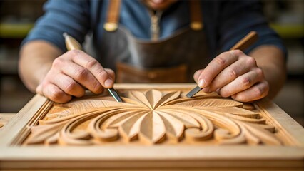 Career and Technical Education (CTE) concept Craftsman meticulously carving intricate designs into a wooden panel.